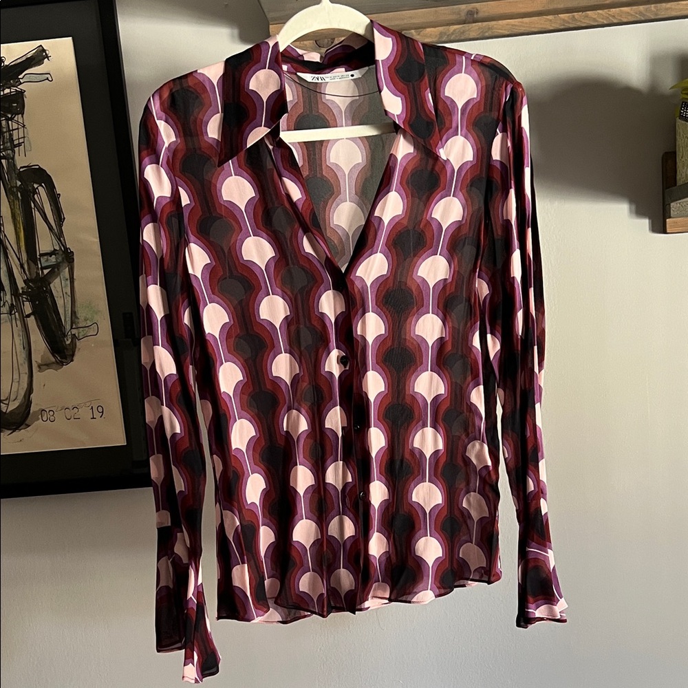 Zara Women's Pink and Purple Patterned Blouse